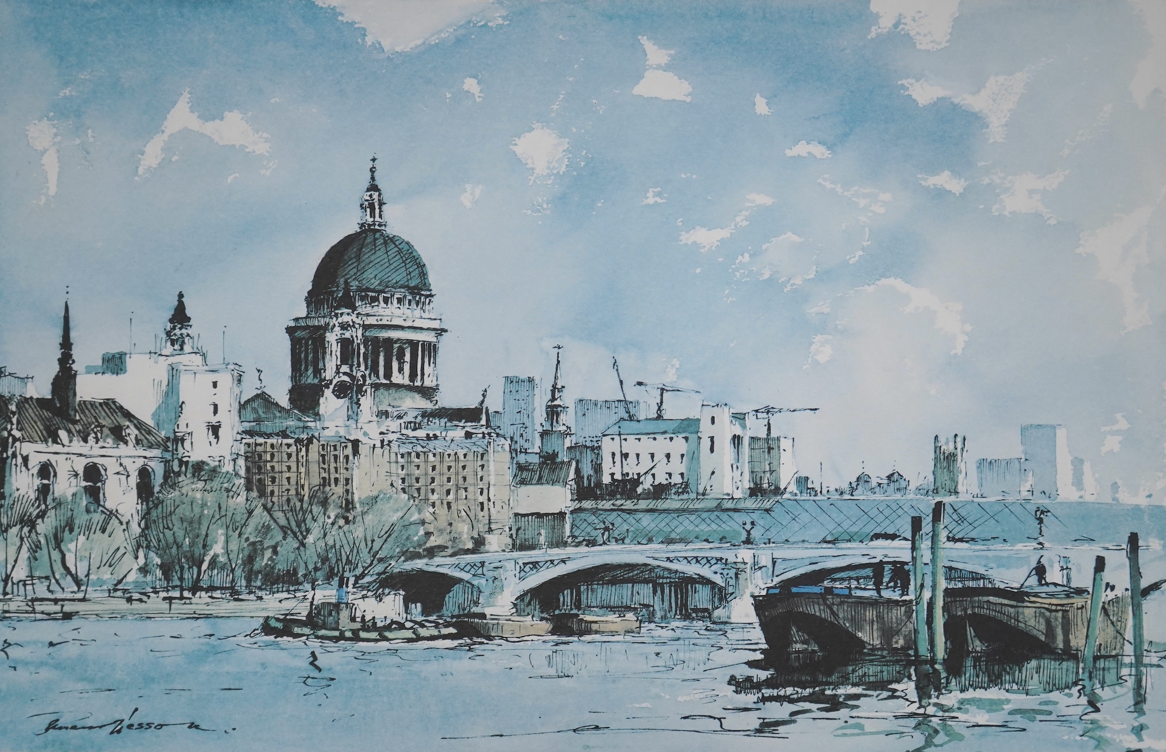 Edward Wesson (1910-1983), colour print, St Paul's and The Thames, signed in pencil, blindstamped, 35 x 52cm
